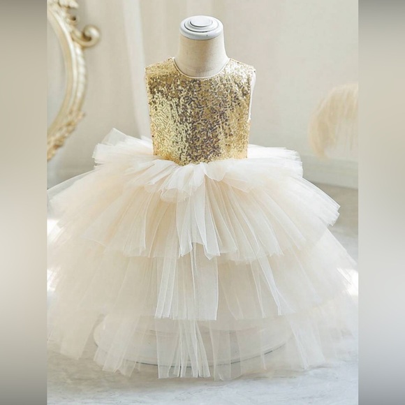 Young girl sleeveless sparkly sequined tulle princess dress with bowknot - Picture 3 of 3